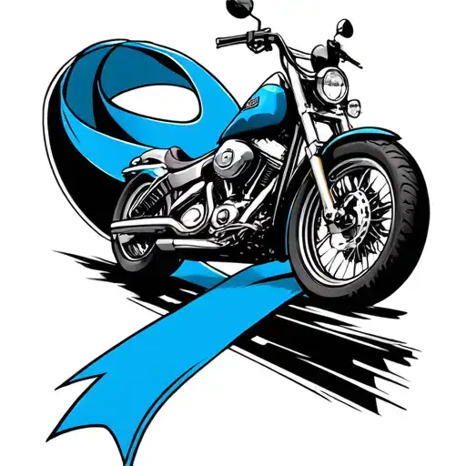 Harley Davidson motorcycle riding up a blue cancer ribbon like a road tattoo design idea