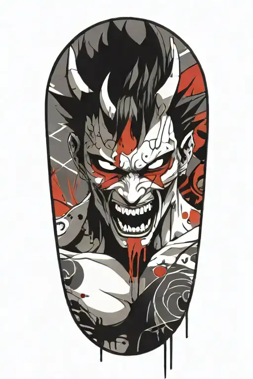 Anime character standing screaming wearing oni mask fighting off inner demons tattoo design idea