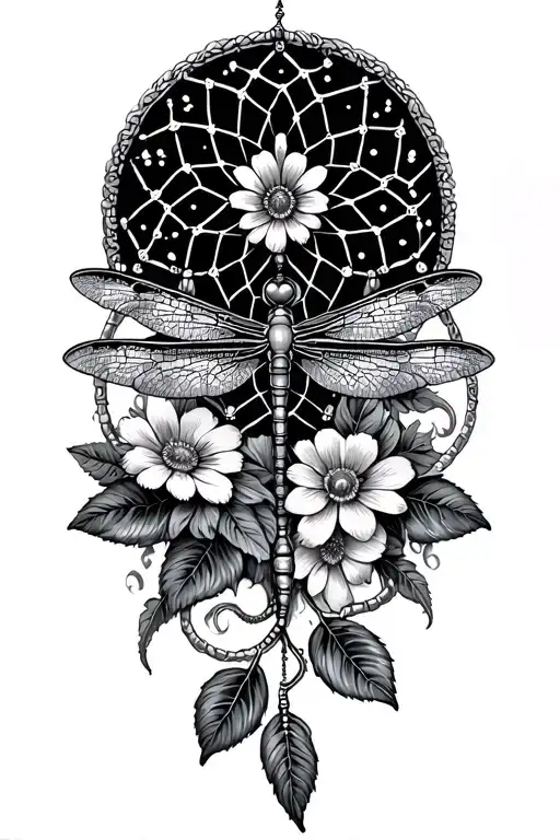Dragonfly, dream catcher, flowers intertwined tattoo design idea