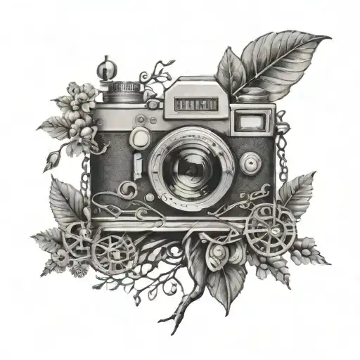 A tree of life tattoo incorporating elements of photography equipment like camera lenses and film reels tattoo design idea
