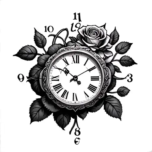 clock with roman numrals at numbers the clock hands at time 10:21 with a rose in the middle  tattoo design idea