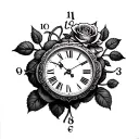 clock with roman numrals at numbers the clock hands at time 10:21 with a rose in the middle  tattoo design idea