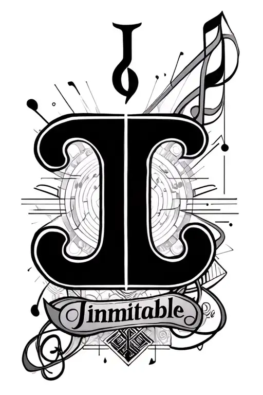 "I" a tattoo for my soine which encorparates, science the word inimitable down the centre music and geometric designs tattoo design idea