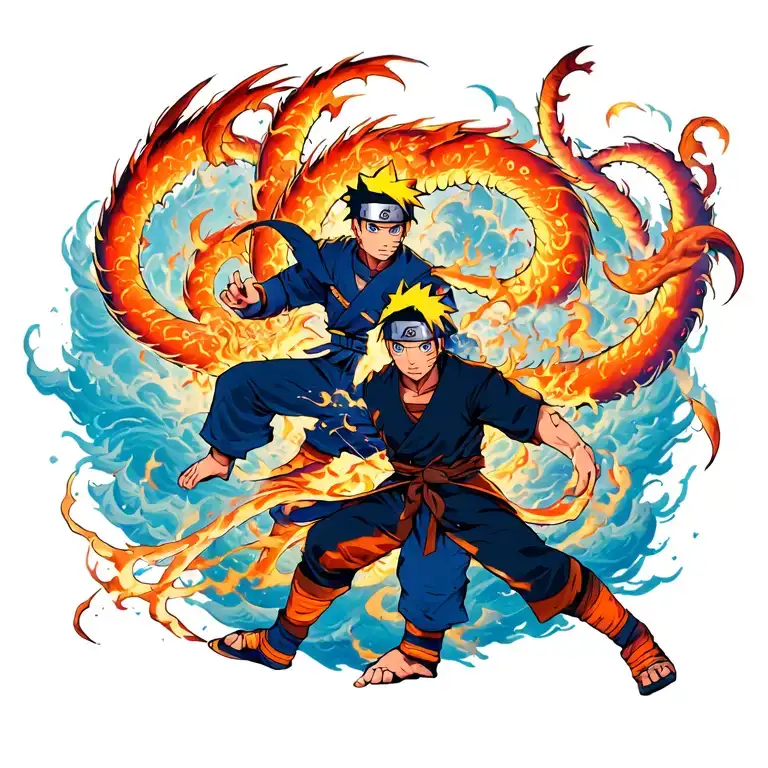 Full Back tattoo of Naruto with 9 tails and Sasuke with susano fighting tattoo design idea