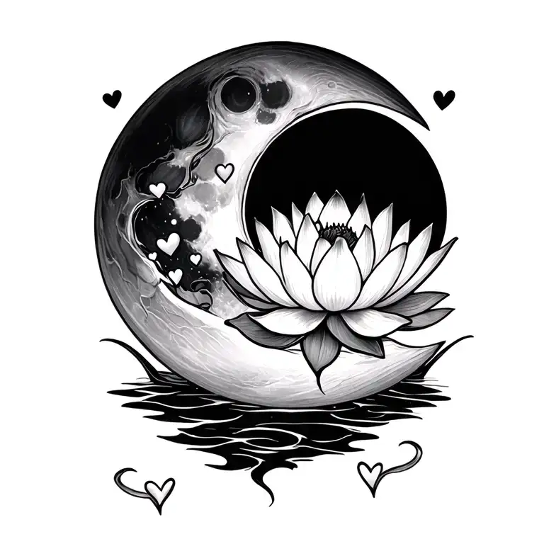 lotus flower moon with tiny hearts tattoo design idea