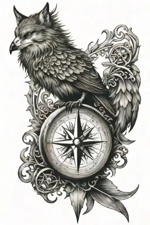 compass mechanism phoenix wolf wind rose tattoo design idea