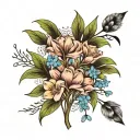weeping willow tree and forget-me-not flowers and tulips tattoo design idea