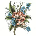 weeping willow tree and forget-me-not flowers and tulips tattoo design idea