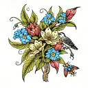 weeping willow tree and forget-me-not flowers and tulips tattoo design idea