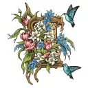 weeping willow tree and forget-me-not flowers and tulips tattoo design idea