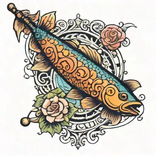 fishing pole kids names tattoo design idea