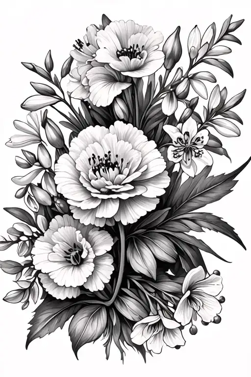 arrangement of carnations, snowdrops, Lily, Hawthorn, Violet & Iris tattoo design idea