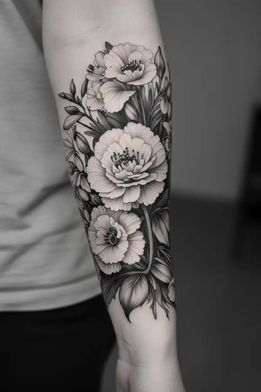 arrangement of carnations, snowdrops, Lily, Hawthorn, Violet & Iris tattoo design idea