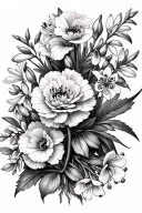 arrangement of carnations, snowdrops, Lily, Hawthorn, Violet & Iris tattoo design idea
