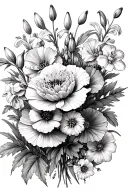 arrangement of carnations, snowdrops, Lily, Hawthorn, Violet & Iris tattoo design idea