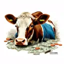 A realistic crime documentary scene with a cow detective investigating a mystery, surrounded by sex-related clues tattoo design idea