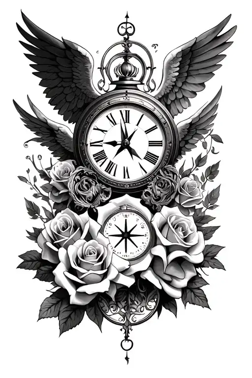 clock and roses and compass and angels tattoo design idea