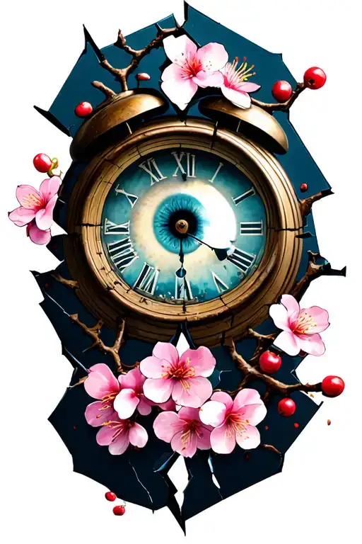 Half -broken clock surrounded by cherry blossom with an eye in the center tattoo design idea