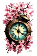 Half -broken clock surrounded by cherry blossom with an eye in the center tattoo design idea