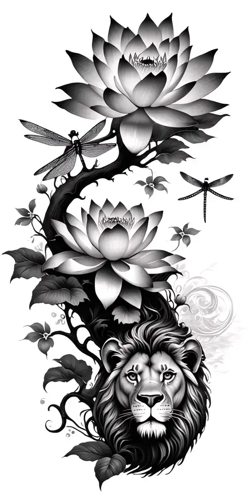 lotus flower, tree, dragonfly,  and lion tattoo design idea
