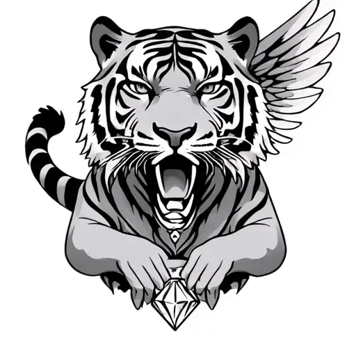 I want the face of a tiger on my neck with the 2 legs grabbing a diamond wings in my chest tattoo design idea