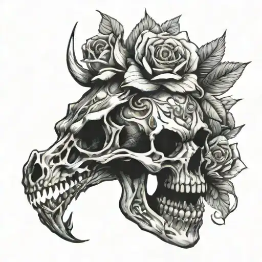 dragon skull with dead roses  tattoo design idea
