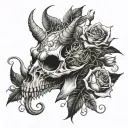 dragon skull with dead roses  tattoo design idea