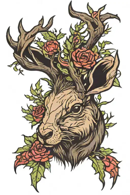 black jackalope with thorns on his antlers. thistles in the background  tattoo design idea