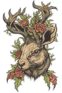 black jackalope with thorns on his antlers. thistles in the background  tattoo design idea
