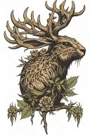 black jackalope with thorns on his antlers. thistles in the background  tattoo design idea