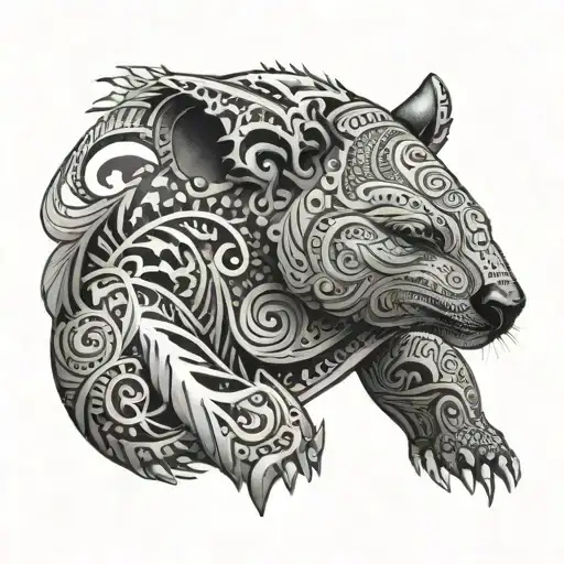 Maori style tattoo with koala painted, manta ray, rhino, diver, leopard shark, kangaroo tattoo design idea