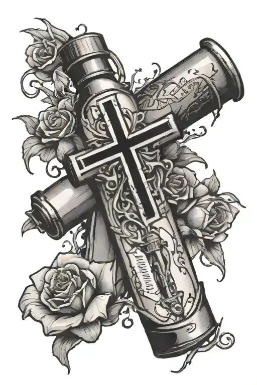 cross tattoo featuring a broken alcohol bottle and freedom tattoo design idea