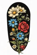 An intricate tattoo of a boquet of roses, daisys, and cosmos flowers tattoo design idea