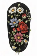 An intricate tattoo of a boquet of roses, daisys, and cosmos flowers tattoo design idea