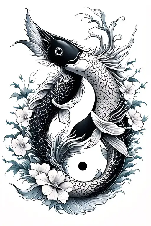 koi fish yin yang symbol intertwined with waves, blossoms and dragon  tattoo design idea