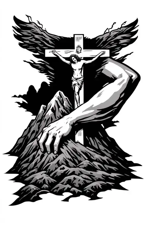 A thick line around arm. On inside the like turns into a small mountain with the 3 crosses during the crucifixion. tattoo design idea