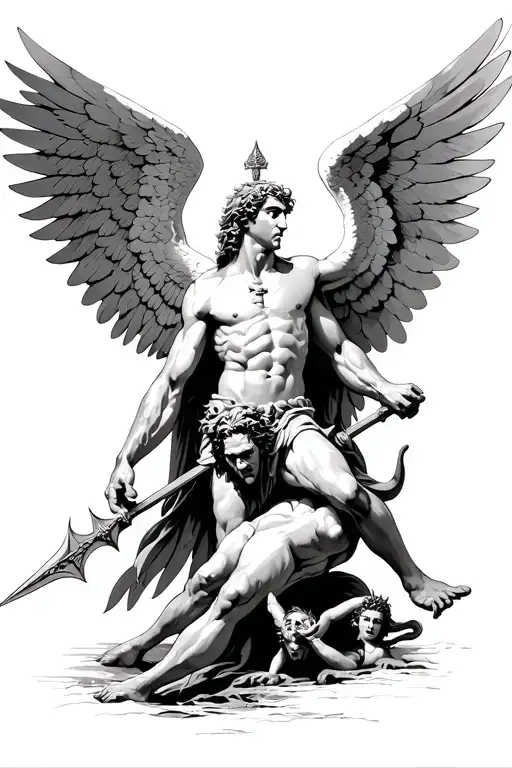 Archangel Michael kills Satan with a spear, where the Archangel has his wings spread and the little devil is below, in the Greek style tattoo design idea