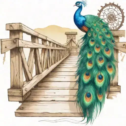 wooden bridge with peacock feather intertwined tattoo design idea
