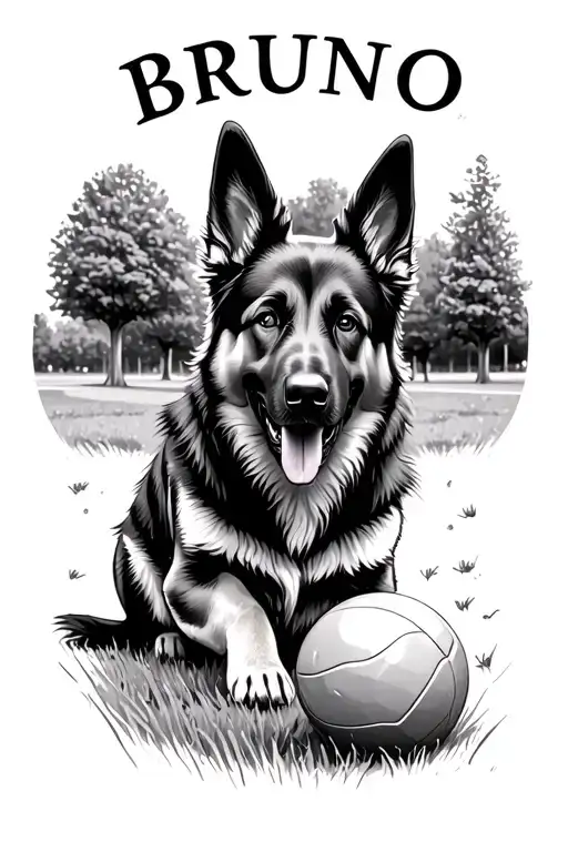 "BRUNO" german shepherd dog playing in a park with ball tattoo design idea