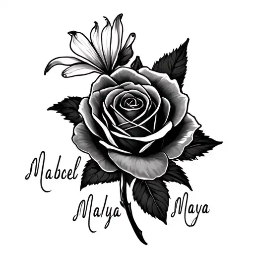 lily flow and a rose with mabel and maya wording tattoo design idea