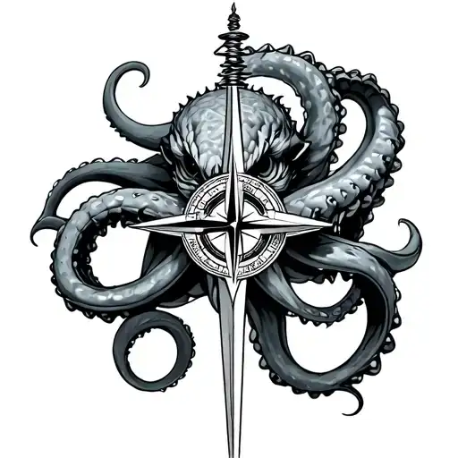 kraken hugging compass intertwined tattoo design idea