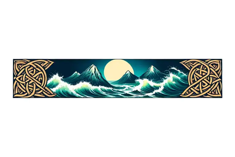 Celtic knot frame, mountains, crashing waves tattoo design idea
