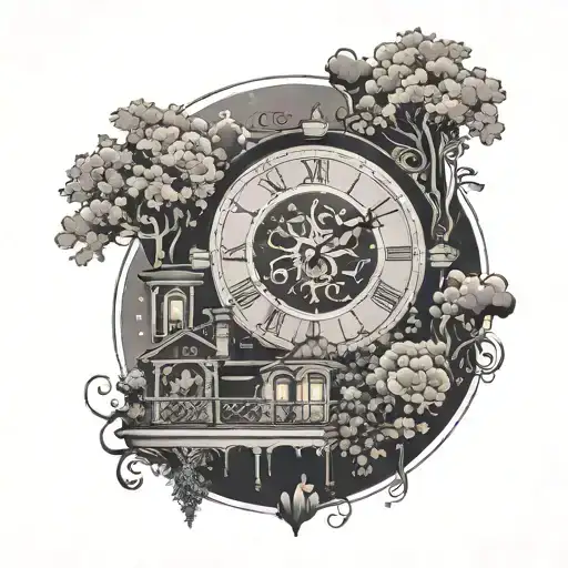  A grand, silhouette of a mansion against an inky night sky. A stylized, circular floral clock majestically in front tattoo design idea