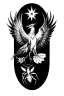 a phoenix flying under a philant star brings a leaf of lorium in its beak to a single ant tattoo design idea