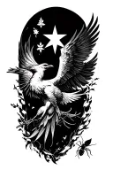 a phoenix flying under a philant star brings a leaf of lorium in its beak to a single ant tattoo design idea