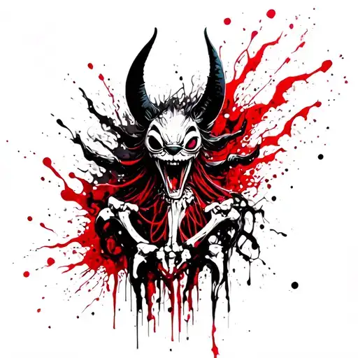 Stitch in the form of a demon shows bones, flesh and blood. in full growth. The apocalypse style tattoo design idea