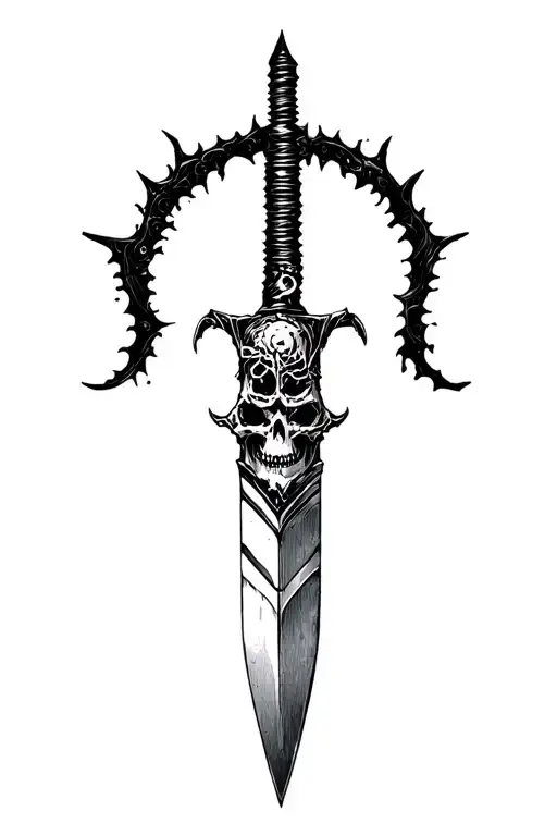 serrated blade, skull head, massacre, sejmitar tattoo design idea
