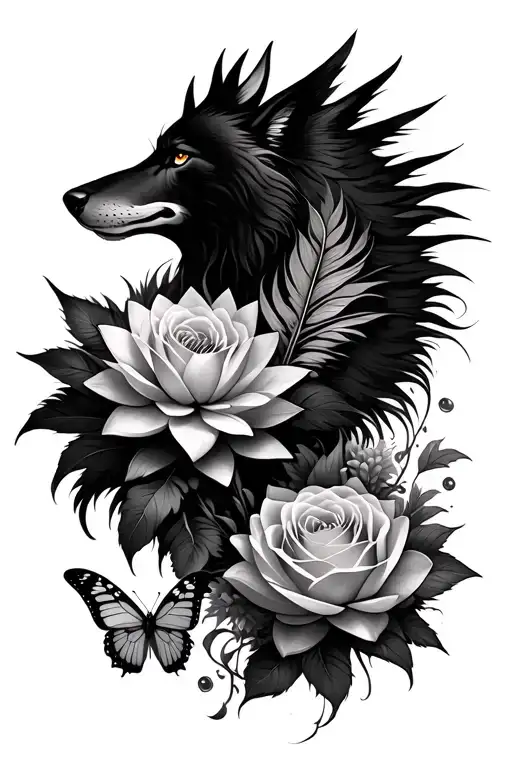 white wolf, roses, phoenix feather, lilies and lotuses and butterflies tattoo design idea