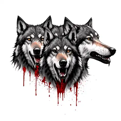 Three wolves with a bloodied grinning tattoo design idea