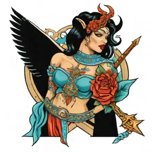 warrior queen Sagittarius fire Archer Jupiter. Turquoise, blue topaz and tanzanite robins  tattoo design idea